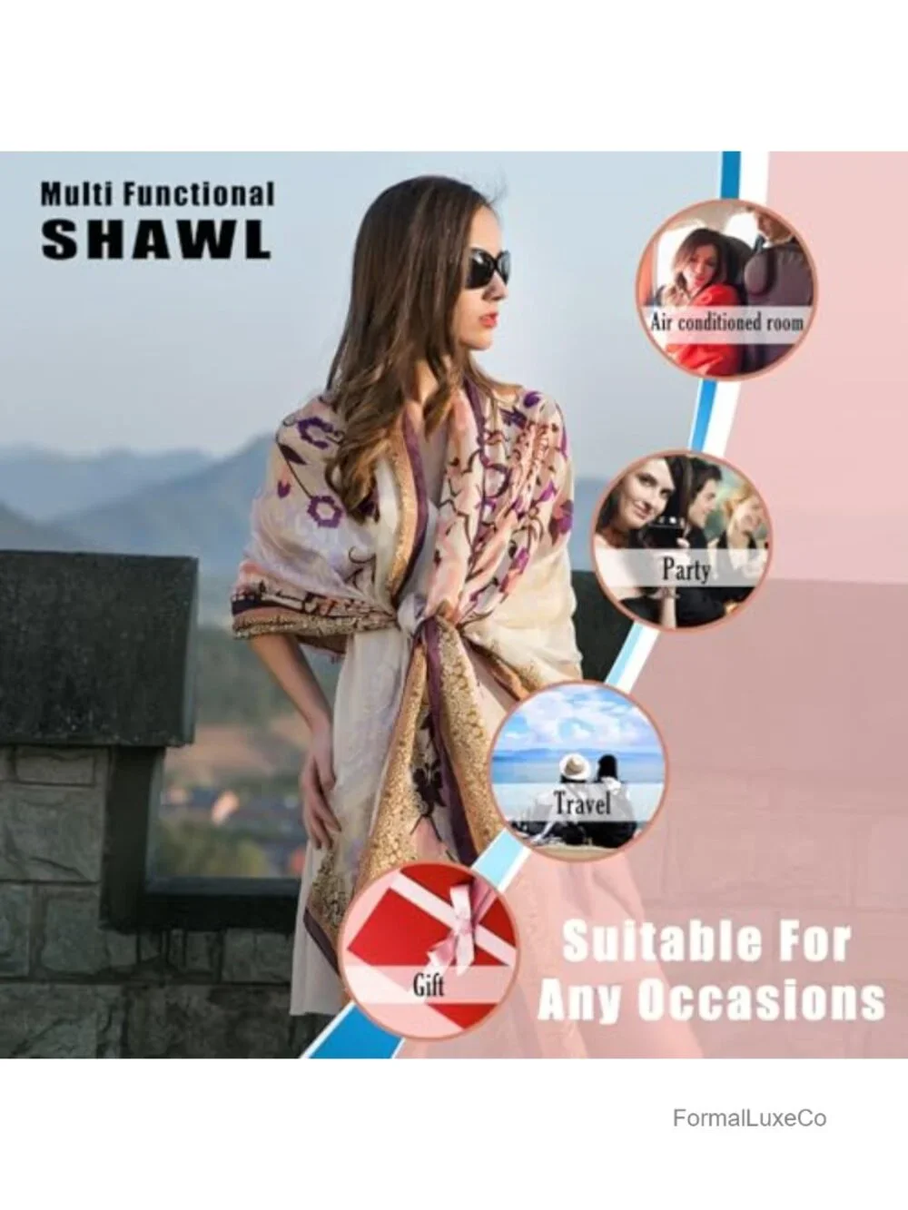 100% Mulberry Silk Pashmina Shawl Wrap Oversized Floral Scarf Evening